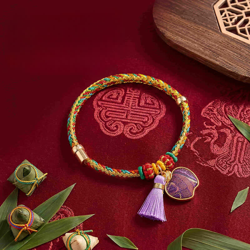 Nimara Ritual Handwoven Five Color Cord Luck Purple Song Brocade Chinese Lock Charm Apple Money Bag Gourd Zongzi Adjustable Bracelet