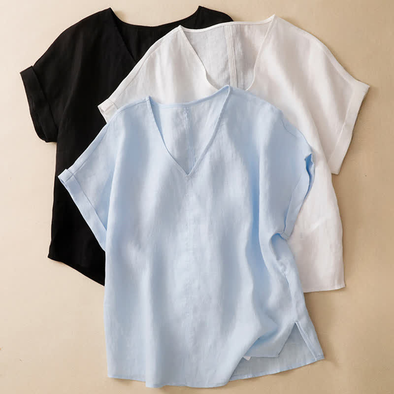 Nimara Ritual Summer Casual Minimalist Side Slit Solid V-Neck Women's Short Sleeve T-Shirts