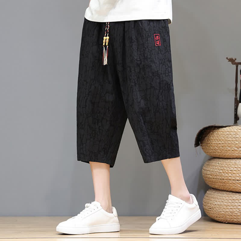 Nimara Ritual Summer Casual Vintage Drawstring Abstract Men's Cropped Pants With Pockets