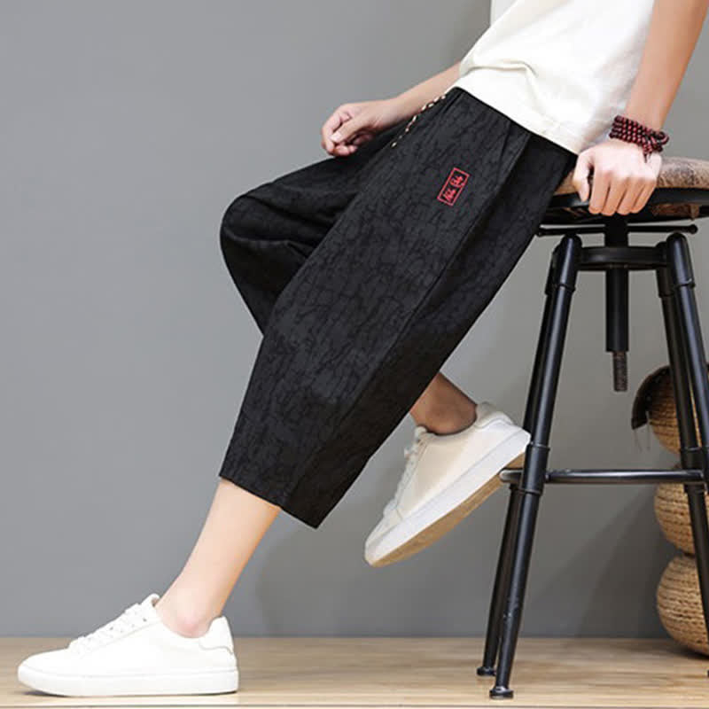 Nimara Ritual Summer Casual Vintage Drawstring Abstract Men's Cropped Pants With Pockets