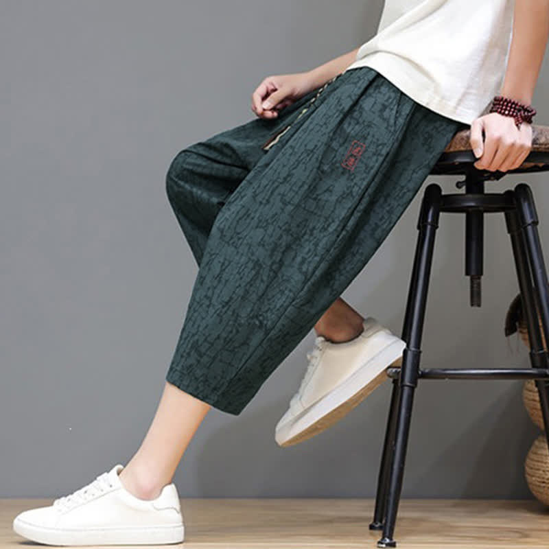 Nimara Ritual Summer Casual Vintage Drawstring Abstract Men's Cropped Pants With Pockets