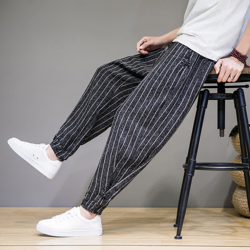 Nimara Ritual Summer Casual Drawstring Striped Cropped Pants Men's Harem Pants With Pockets