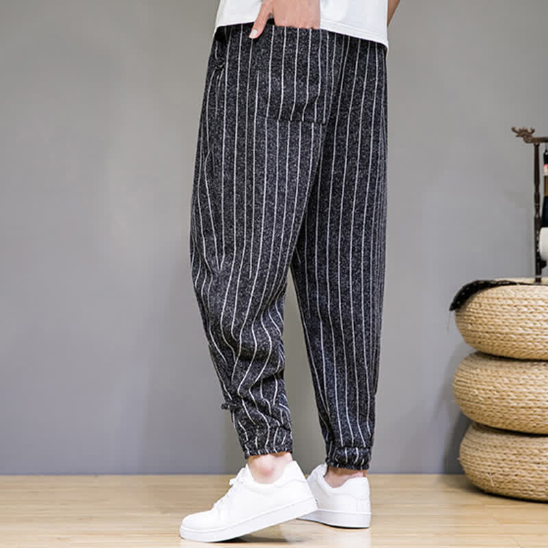 Nimara Ritual Summer Casual Drawstring Striped Cropped Pants Men's Harem Pants With Pockets
