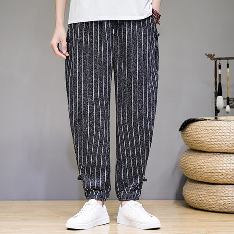 Nimara Ritual Summer Casual Drawstring Striped Cropped Pants Men's Harem Pants With Pockets