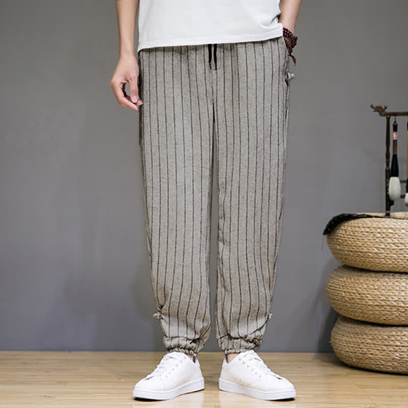 Nimara Ritual Summer Casual Drawstring Striped Cropped Pants Men's Harem Pants With Pockets