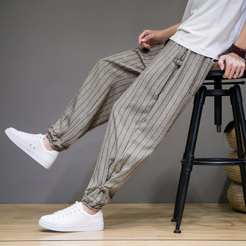 Nimara Ritual Summer Casual Drawstring Striped Cropped Pants Men's Harem Pants With Pockets