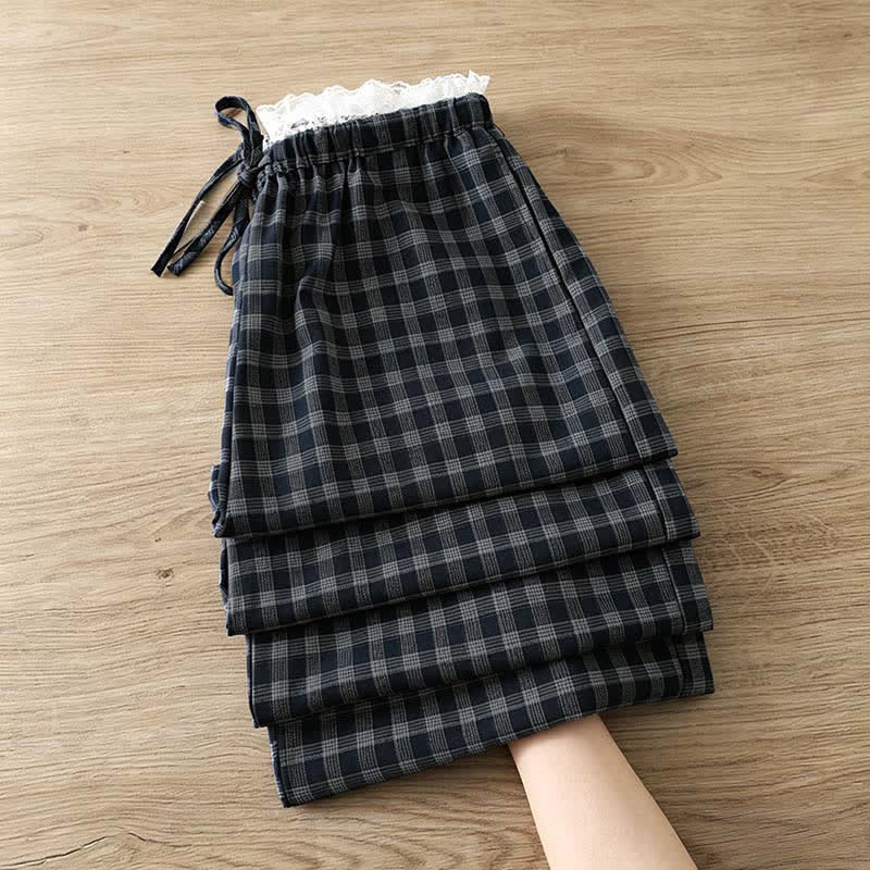 Nimara Ritual Summer Casual Vintage Drawstring Plaid Lace Trim Cotton Long Pants Women's Wide Leg Pants With Pockets