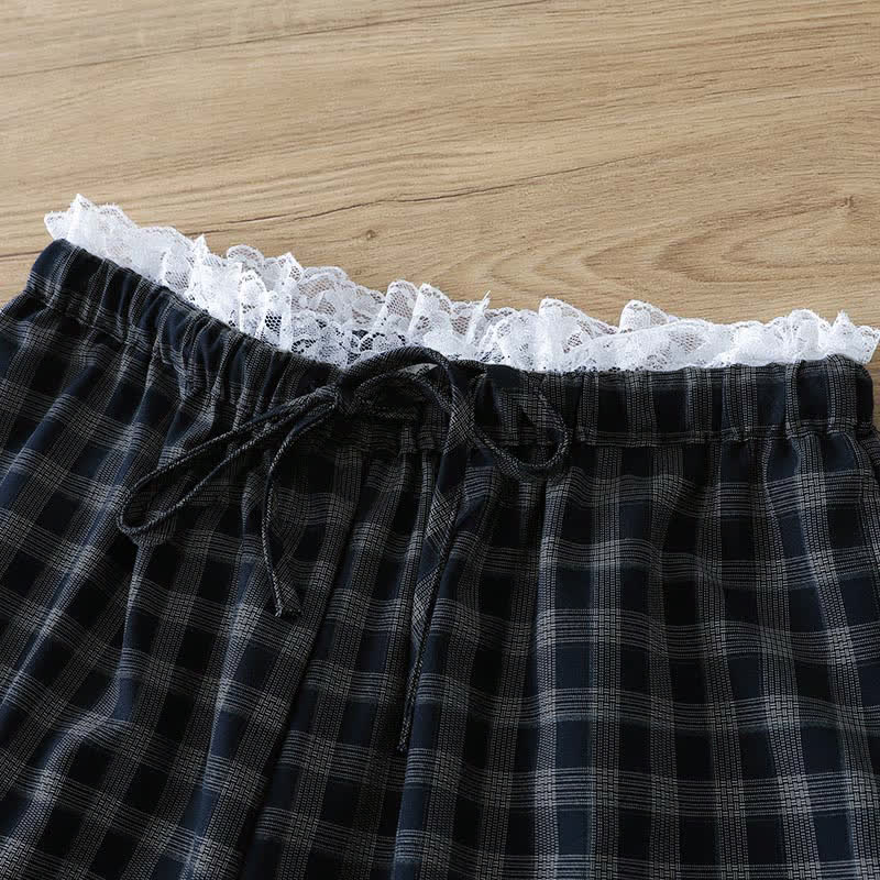 Nimara Ritual Summer Casual Vintage Drawstring Plaid Lace Trim Cotton Long Pants Women's Wide Leg Pants With Pockets
