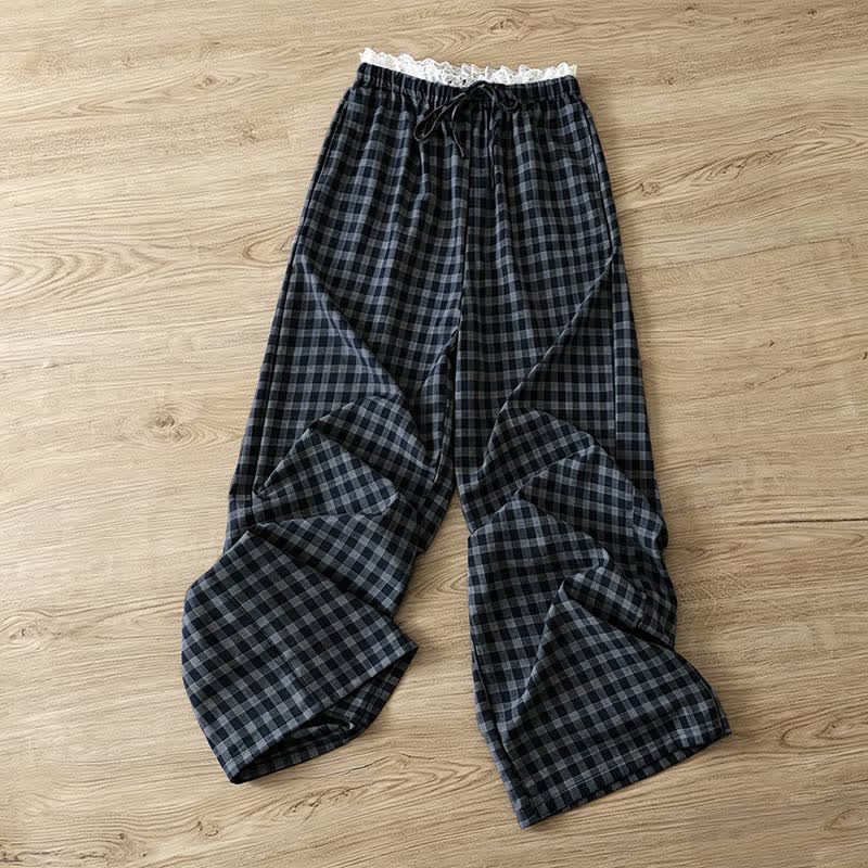 Nimara Ritual Summer Casual Vintage Drawstring Plaid Lace Trim Cotton Long Pants Women's Wide Leg Pants With Pockets