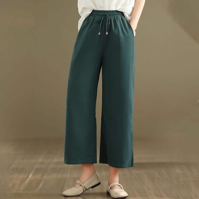 Nimara Ritual Summer Casual Minimalist Drawstring Solid Cotton Cropped Pants Women's Wide Leg Pants With Pocket
