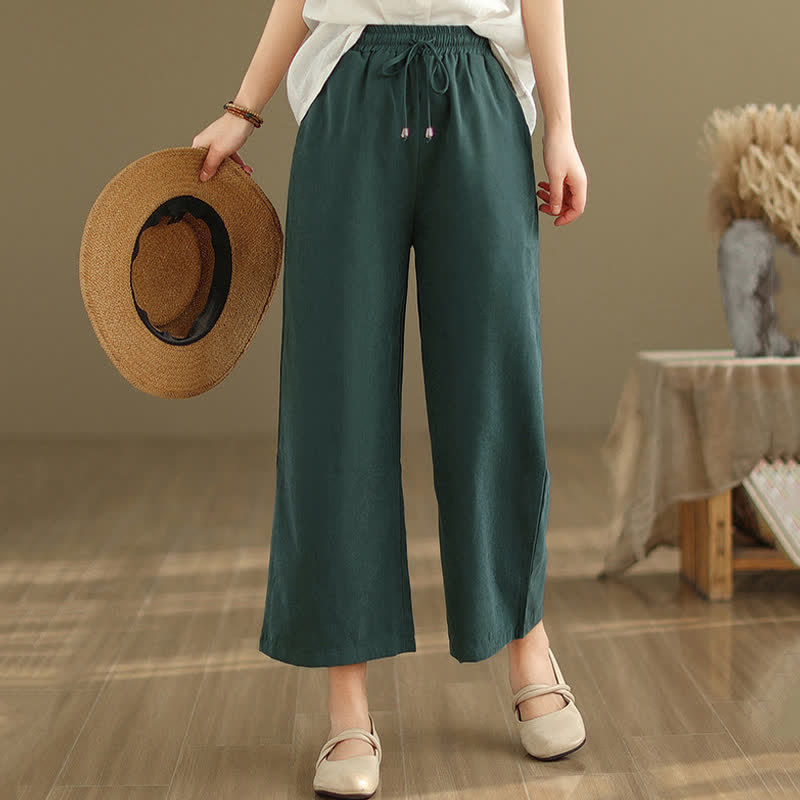 Nimara Ritual Summer Casual Minimalist Drawstring Solid Cotton Cropped Pants Women's Wide Leg Pants With Pocket