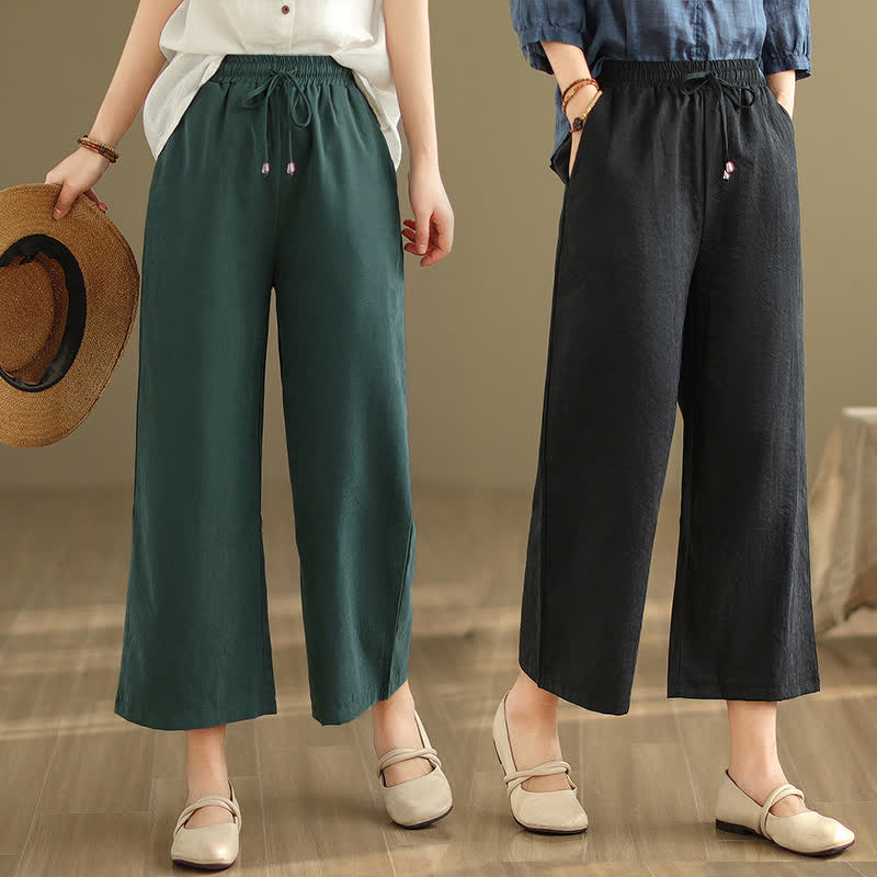 Nimara Ritual Summer Casual Minimalist Drawstring Solid Cotton Cropped Pants Women's Wide Leg Pants With Pocket
