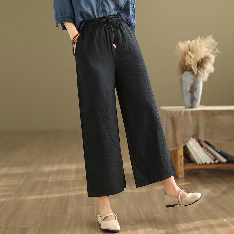 Nimara Ritual Summer Casual Minimalist Drawstring Solid Cotton Cropped Pants Women's Wide Leg Pants With Pocket
