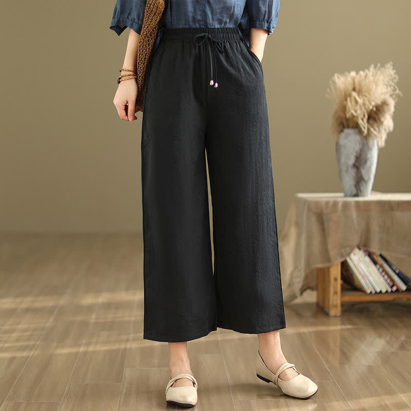Nimara Ritual Summer Casual Minimalist Drawstring Solid Cotton Cropped Pants Women's Wide Leg Pants With Pocket