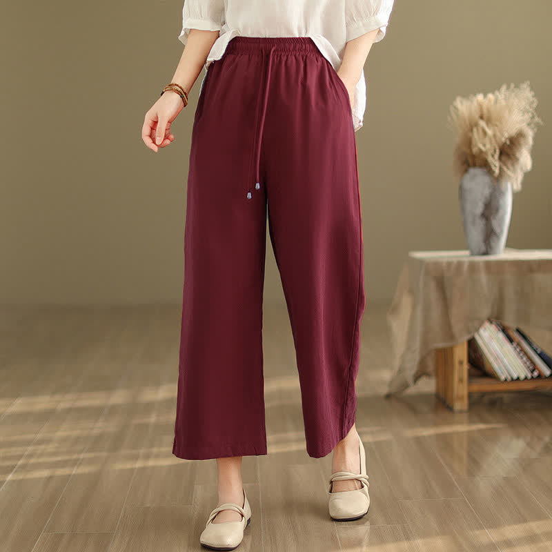 Nimara Ritual Summer Casual Minimalist Drawstring Solid Cotton Cropped Pants Women's Wide Leg Pants With Pocket