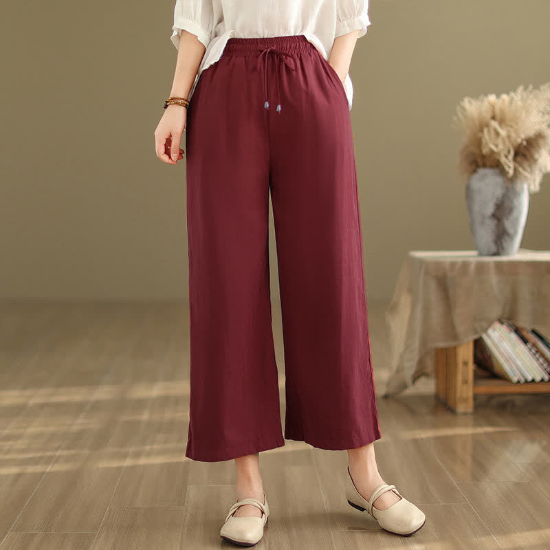 Nimara Ritual Summer Casual Minimalist Drawstring Solid Cotton Cropped Pants Women's Wide Leg Pants With Pocket