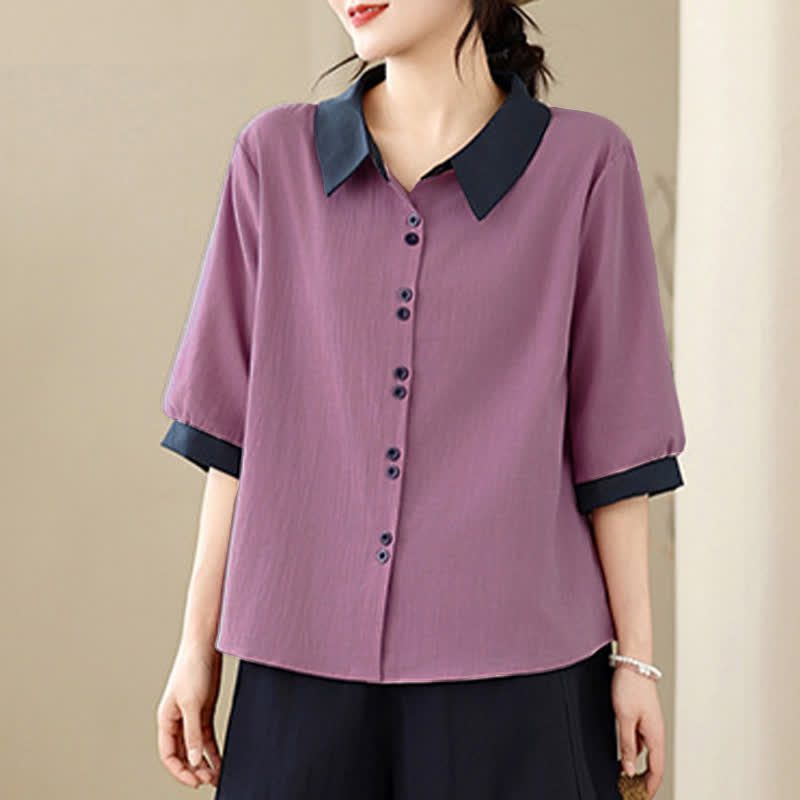 Nimara Ritual Summer Elegant Button-Up contrast collar Solid Women's Short Sleeve Shirts