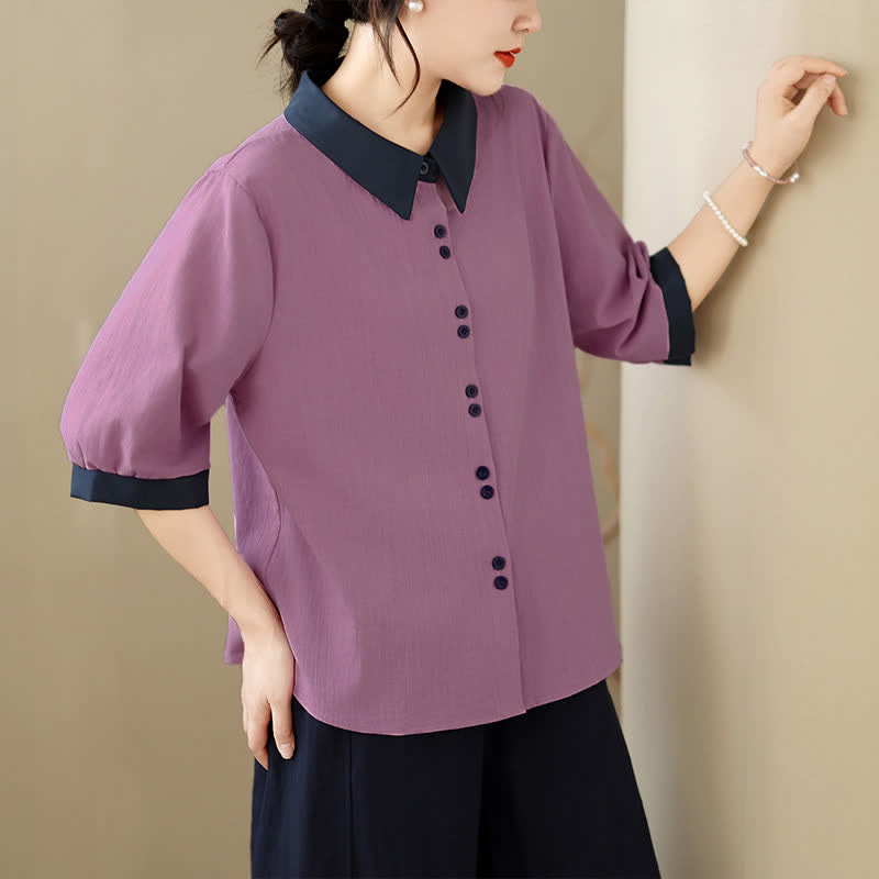 Nimara Ritual Summer Elegant Button-Up contrast collar Solid Women's Short Sleeve Shirts