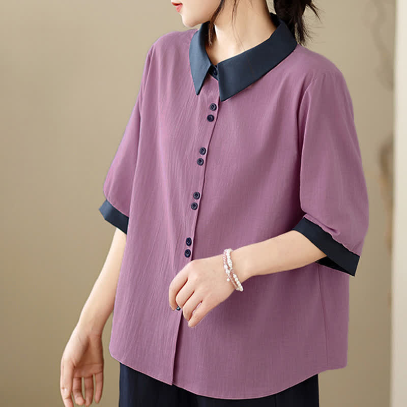 Nimara Ritual Summer Elegant Button-Up contrast collar Solid Women's Short Sleeve Shirts