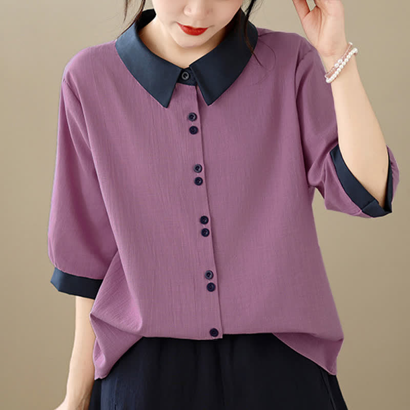 Nimara Ritual Summer Elegant Button-Up contrast collar Solid Women's Short Sleeve Shirts