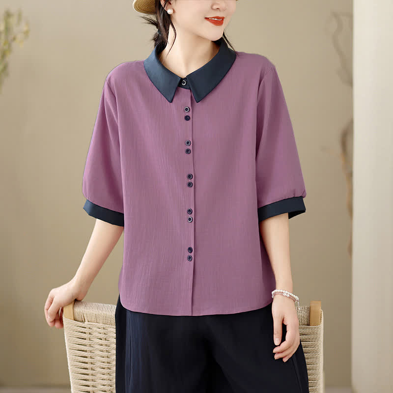 Nimara Ritual Summer Elegant Button-Up contrast collar Solid Women's Short Sleeve Shirts