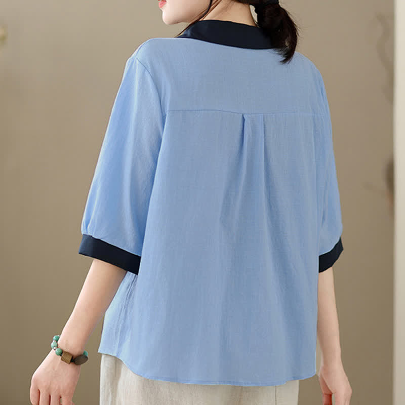 Nimara Ritual Summer Elegant Button-Up contrast collar Solid Women's Short Sleeve Shirts