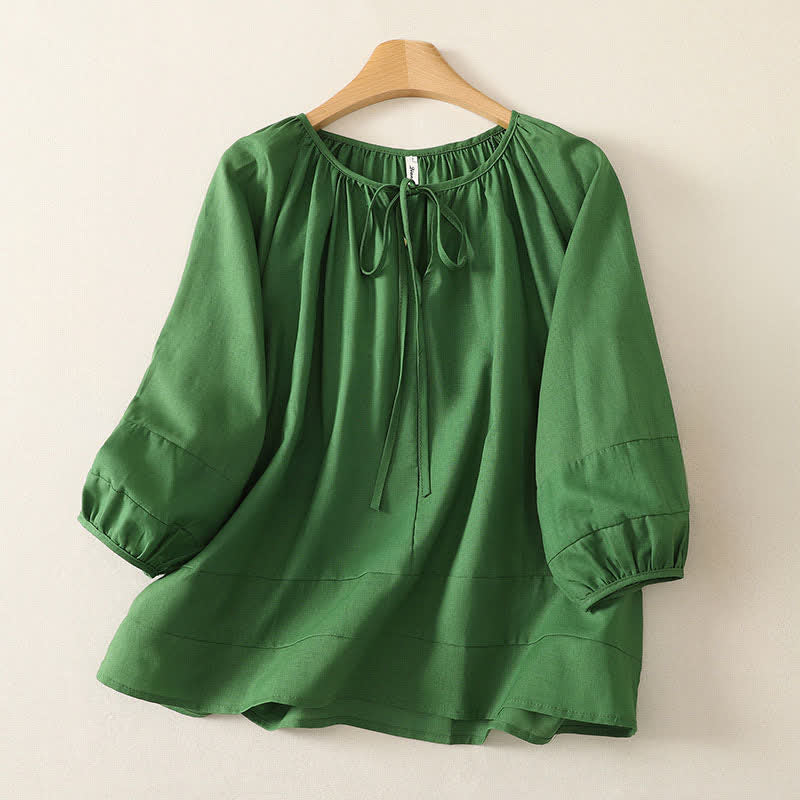 Nimara Ritual Summer Boho Drawstring Crew Neck Solid Women's Long Sleeve Shirt