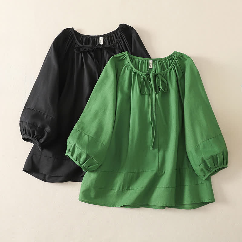 Nimara Ritual Summer Boho Drawstring Crew Neck Solid Women's Long Sleeve Shirt