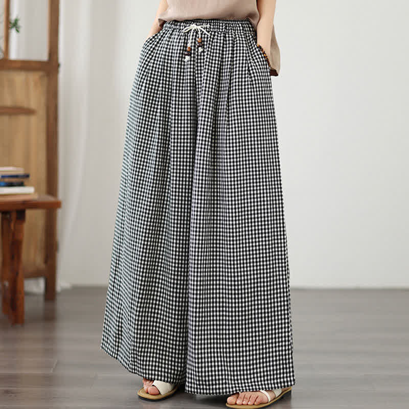 Nimara Ritual Summer Casual Drawstring Small Plaid Ankle Pants Women's Wide Leg Pants With Pocket