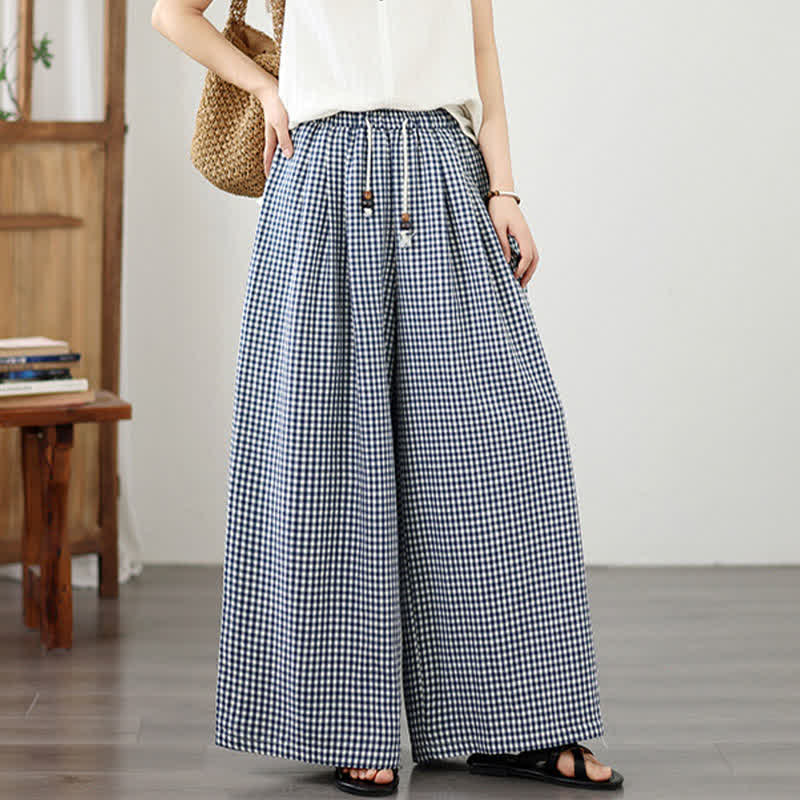Nimara Ritual Summer Casual Drawstring Small Plaid Ankle Pants Women's Wide Leg Pants With Pocket