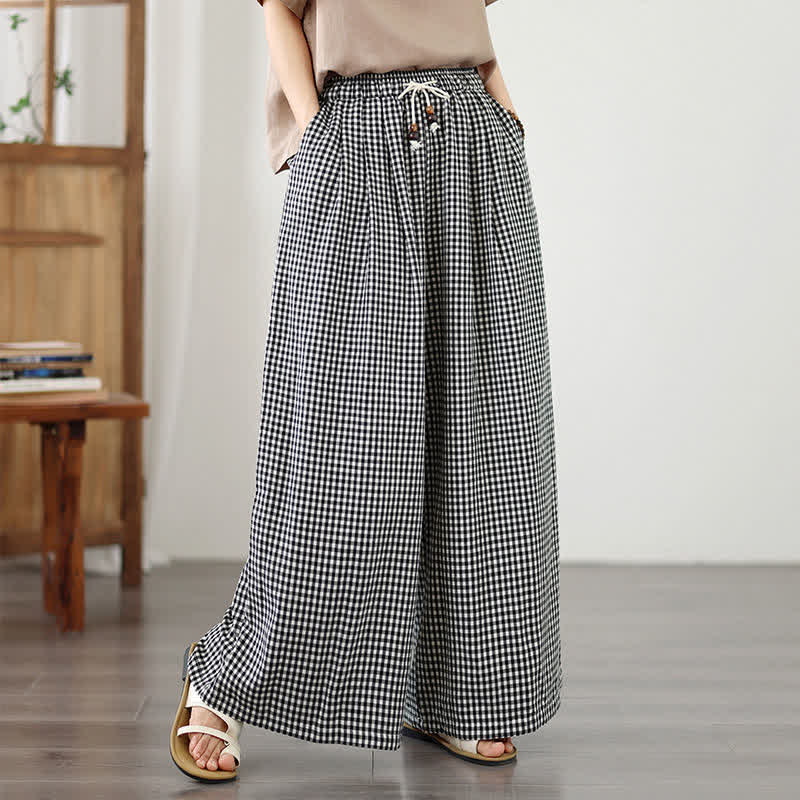 Nimara Ritual Summer Casual Drawstring Small Plaid Ankle Pants Women's Wide Leg Pants With Pocket