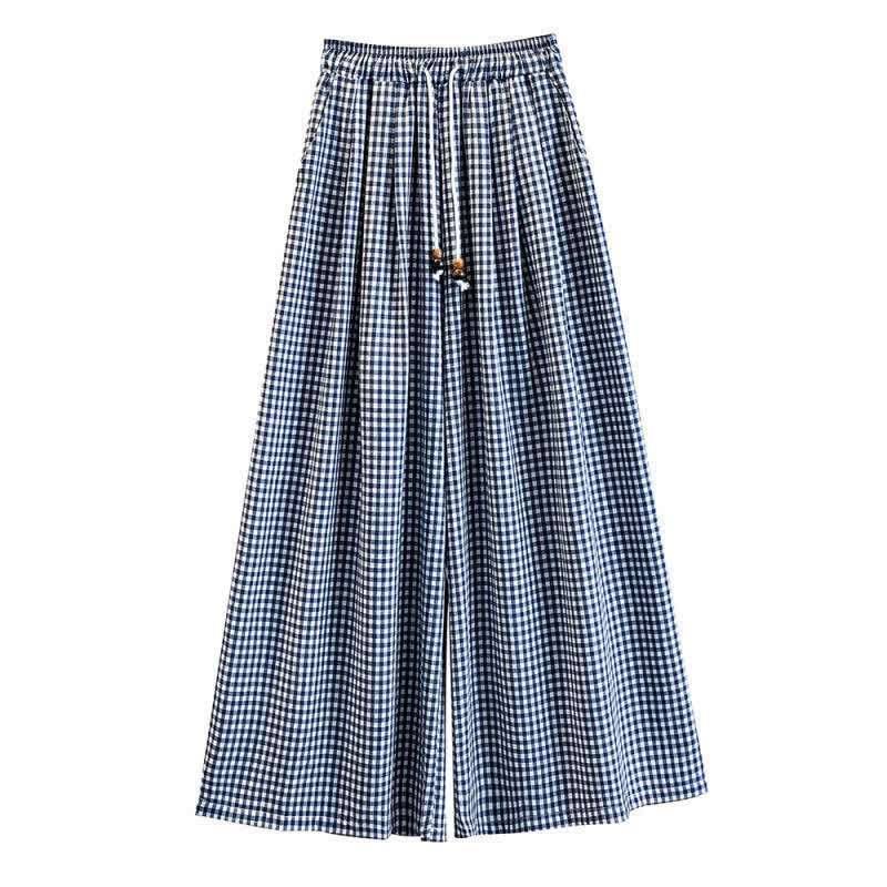 Nimara Ritual Summer Casual Drawstring Small Plaid Ankle Pants Women's Wide Leg Pants With Pocket