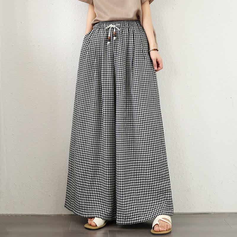 Nimara Ritual Summer Casual Drawstring Small Plaid Ankle Pants Women's Wide Leg Pants With Pocket