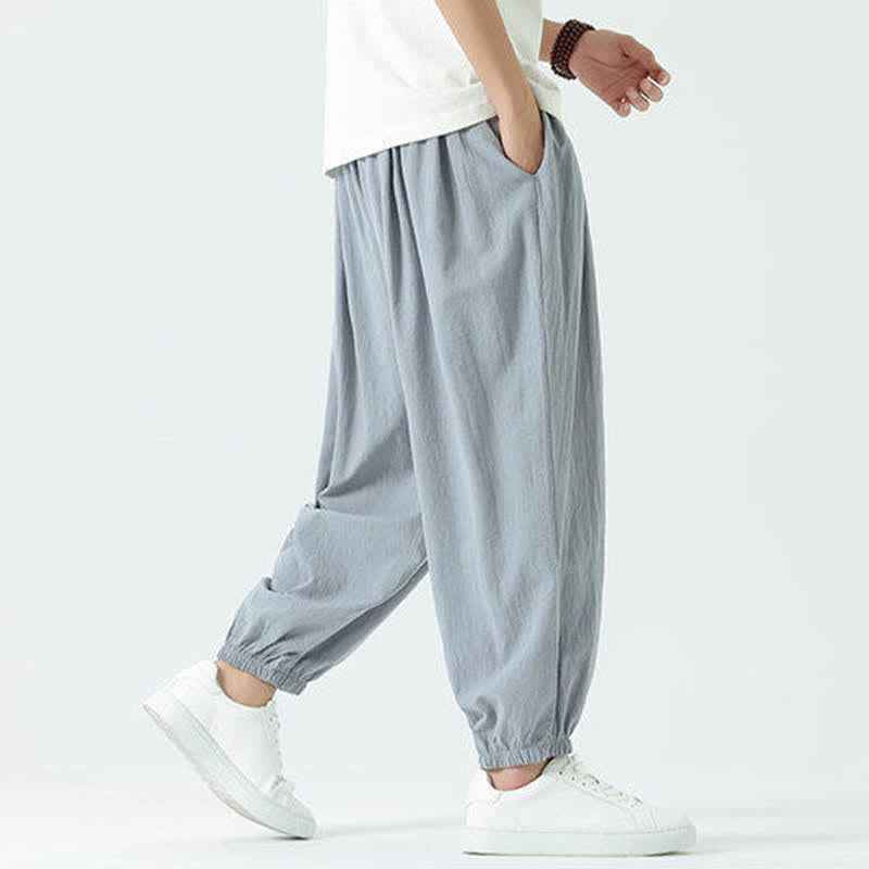 Nimara Ritual Summer Casual Boho Drawstring Solid Cotton Cropped Pants Men's Harem Pants With Pocket