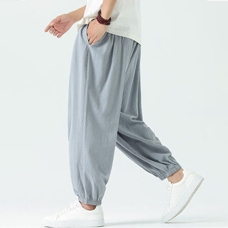 Nimara Ritual Summer Casual Boho Drawstring Solid Cotton Cropped Pants Men's Harem Pants With Pocket