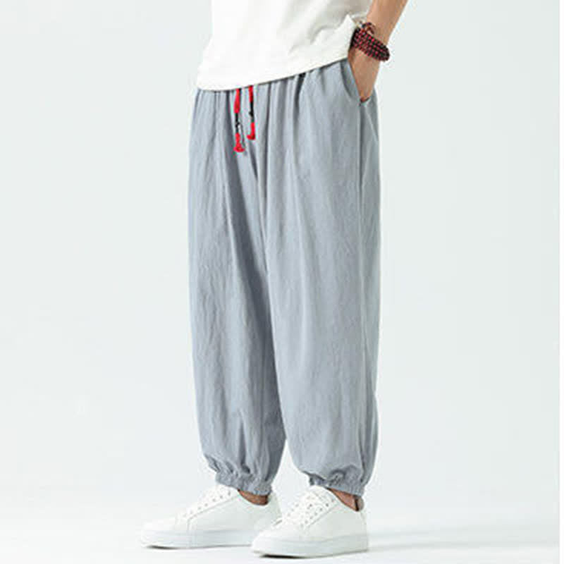 Nimara Ritual Summer Casual Boho Drawstring Solid Cotton Cropped Pants Men's Harem Pants With Pocket