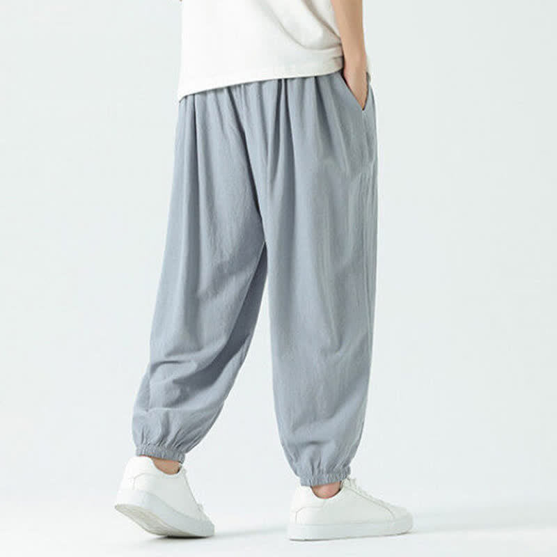 Nimara Ritual Summer Casual Boho Drawstring Solid Cotton Cropped Pants Men's Harem Pants With Pocket
