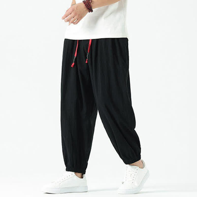 Nimara Ritual Summer Casual Boho Drawstring Solid Cotton Cropped Pants Men's Harem Pants With Pocket