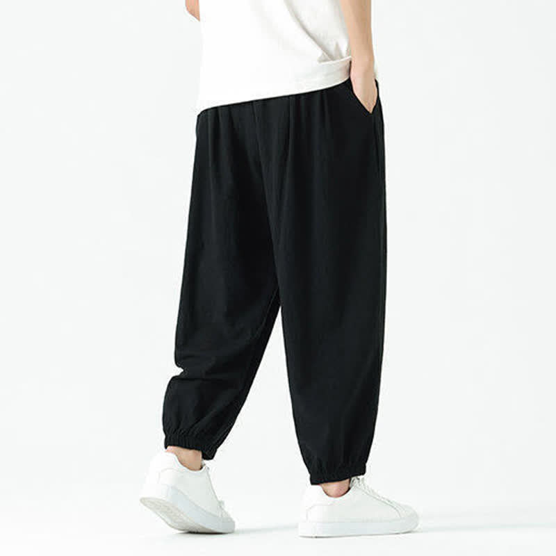 Nimara Ritual Summer Casual Boho Drawstring Solid Cotton Cropped Pants Men's Harem Pants With Pocket