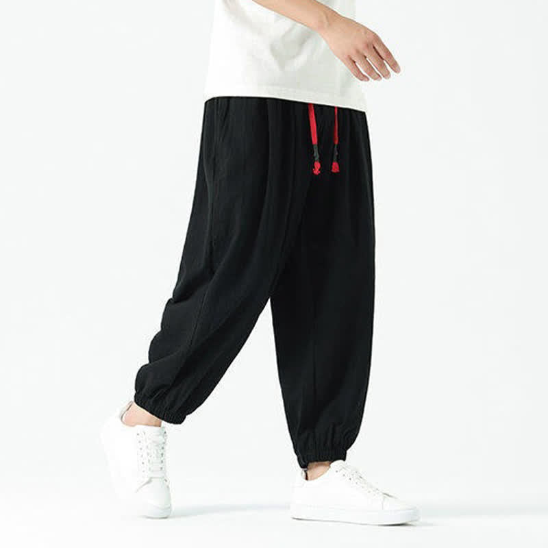 Nimara Ritual Summer Casual Boho Drawstring Solid Cotton Cropped Pants Men's Harem Pants With Pocket
