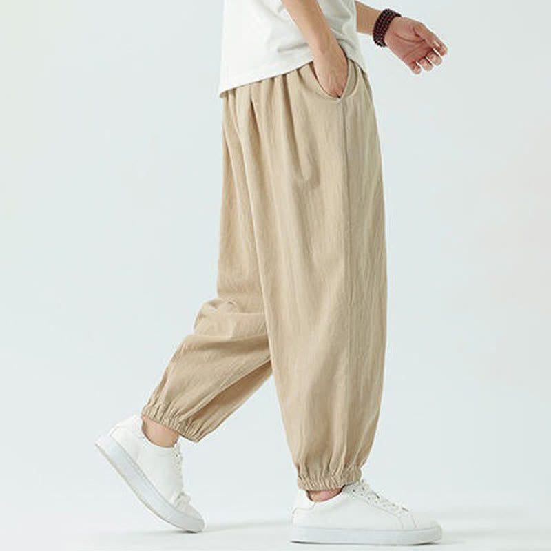 Nimara Ritual Summer Casual Boho Drawstring Solid Cotton Cropped Pants Men's Harem Pants With Pocket