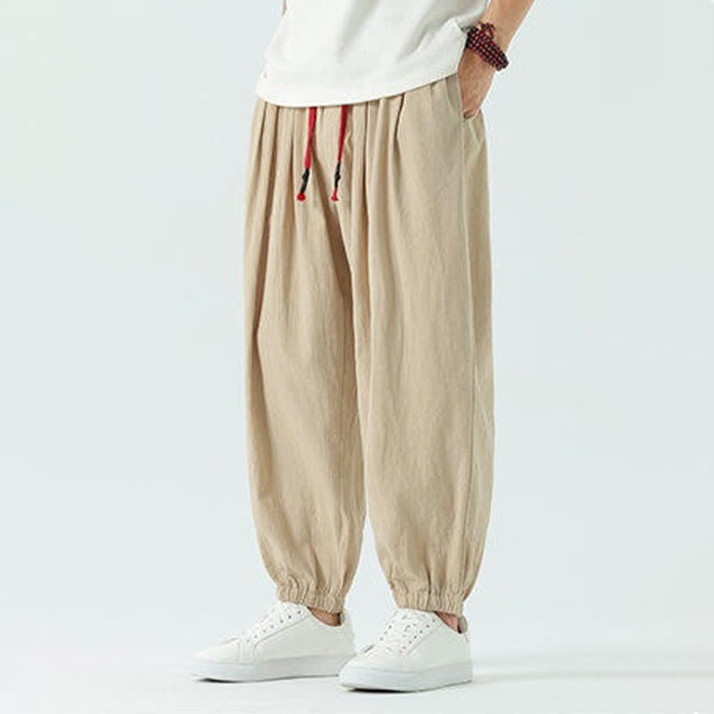 Nimara Ritual Summer Casual Boho Drawstring Solid Cotton Cropped Pants Men's Harem Pants With Pocket