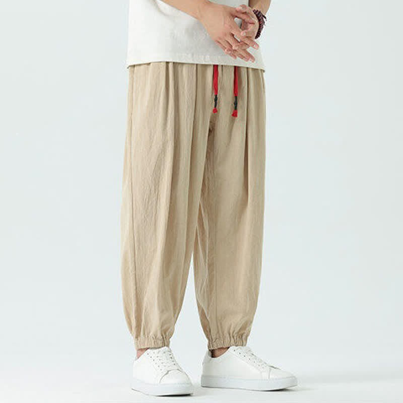 Nimara Ritual Summer Casual Boho Drawstring Solid Cotton Cropped Pants Men's Harem Pants With Pocket