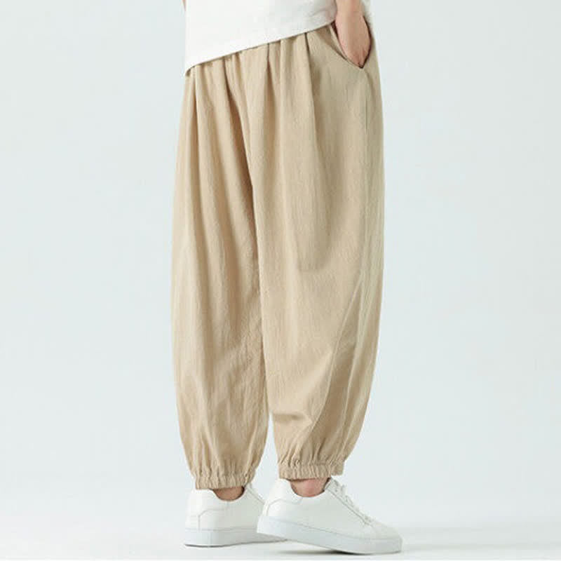 Nimara Ritual Summer Casual Boho Drawstring Solid Cotton Cropped Pants Men's Harem Pants With Pocket