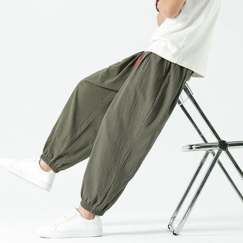 Nimara Ritual Summer Casual Boho Drawstring Solid Cotton Cropped Pants Men's Harem Pants With Pocket
