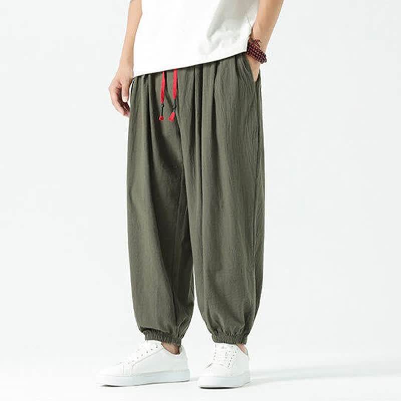 Nimara Ritual Summer Casual Boho Drawstring Solid Cotton Cropped Pants Men's Harem Pants With Pocket