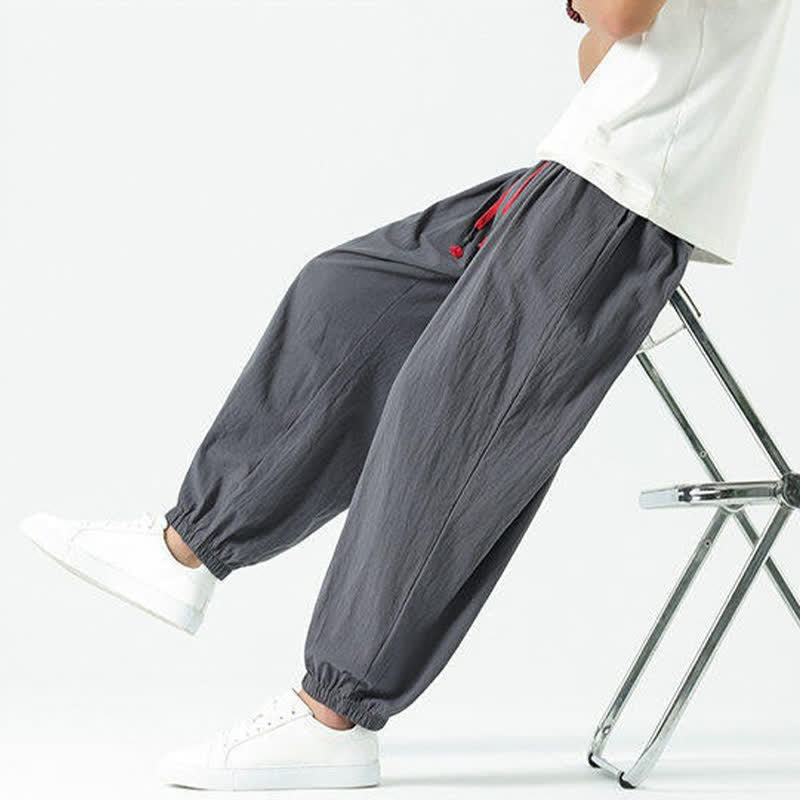 Nimara Ritual Summer Casual Boho Drawstring Solid Cotton Cropped Pants Men's Harem Pants With Pocket