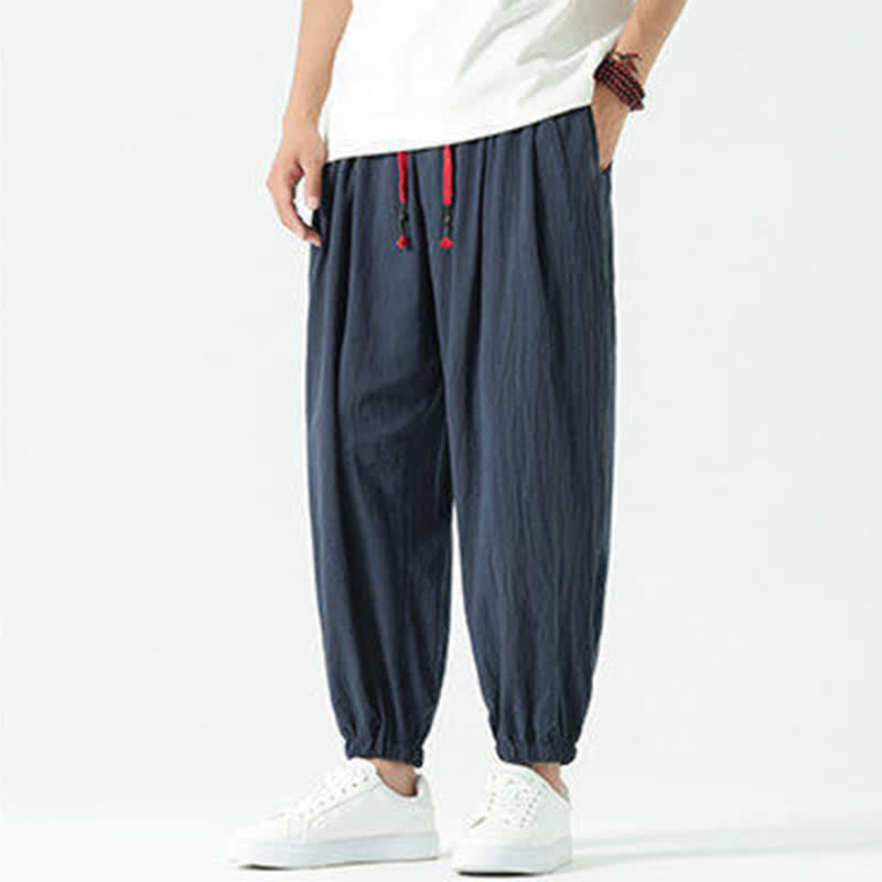 Nimara Ritual Summer Casual Boho Drawstring Solid Cotton Cropped Pants Men's Harem Pants With Pocket
