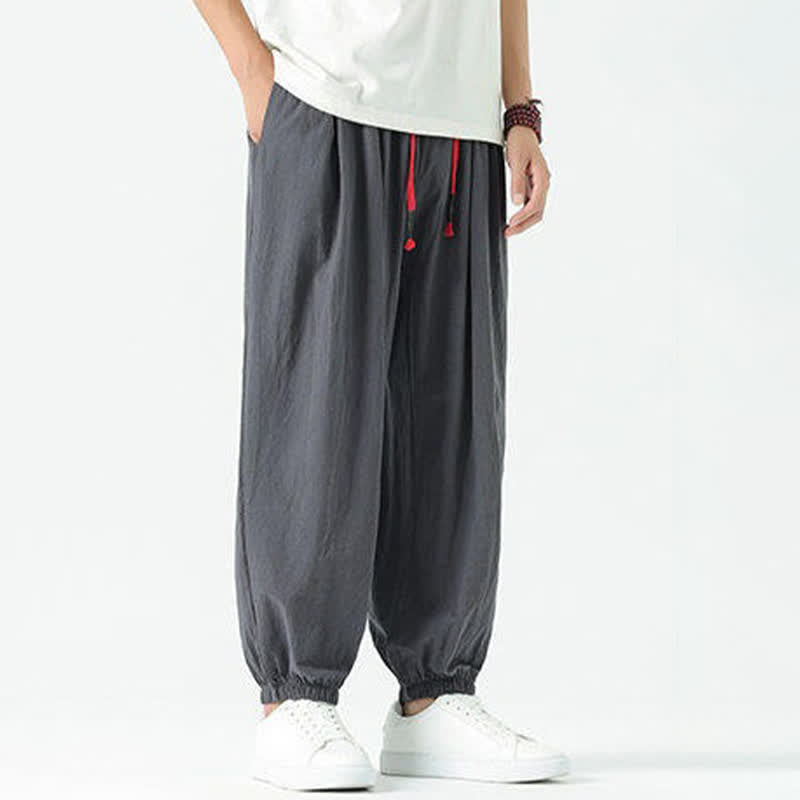 Nimara Ritual Summer Casual Boho Drawstring Solid Cotton Cropped Pants Men's Harem Pants With Pocket