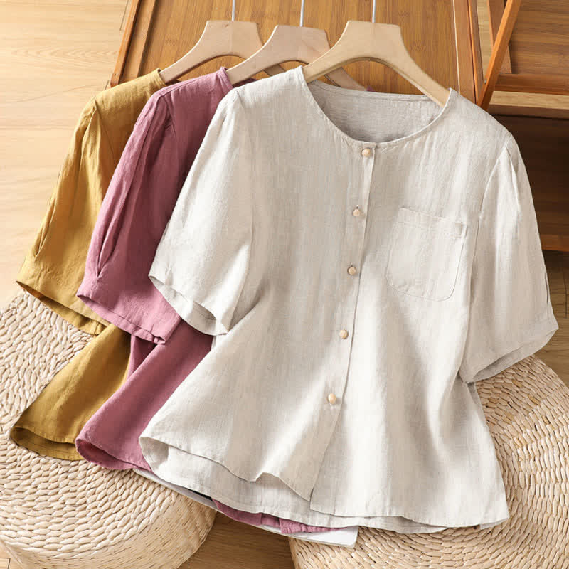 Nimara Ritual Summer Casual Minimalist Button-Up Solid Women's Short Sleeve Shirts With Patch Pocket